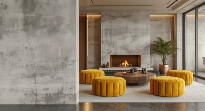 Elegant lounge space showcasing plaster microcement walls and bright yellow poufs by the fireplace
