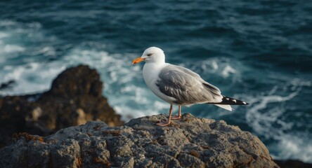 Obraz premium Alert seagull on large rocky perch facing the turbulent ocean