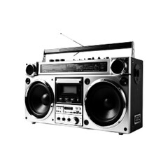 Obraz premium Vintage portable boombox stereo in black-and-white halftone style. Retro audio device illustration evoking music, cassette culture, and classic street sound.