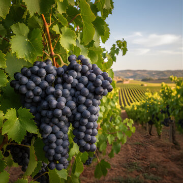 Temporada de vendimia: Uvas tempranillo listas para la cosecha en campo de La Rioja Primer plano de gran racimo de uvas tintas maduras