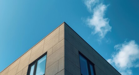 Obraz premium Building segment with graphite exterior and wide windows under crisp clear blue sky