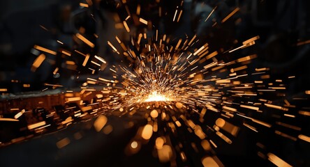 Industrial metalwork close up featuring bright sparks and energetic flying metal shards in process