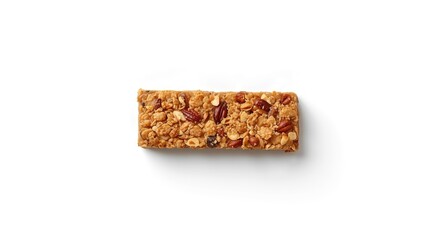 Fruit nut cereal bar rich in protein displayed against solid white background