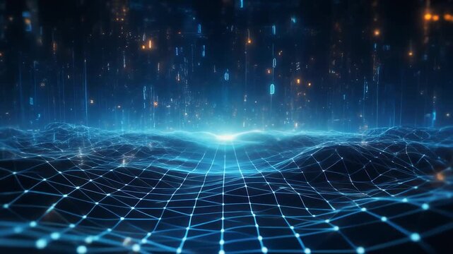 Abstract loop digital lattice structure pulsing energy waves floating data futuristic cinematic surreal ethereal ambience cascading softly glowing abstract unique style
