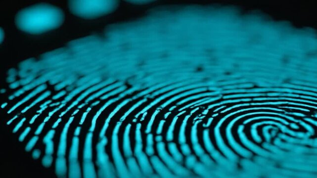 Glowing turquoise fingerprint on a black background, close-up with a pattern of ridges