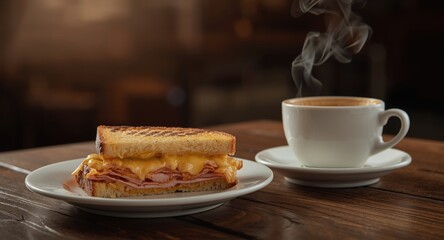 Delicious ham and cheese sandwich alongside hot coffee cup on warm wooden table in cozy cafe scene with copy space