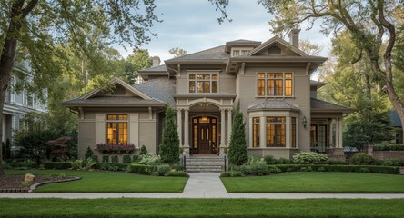 Obraz premium Elegant home exterior illustrating sophisticated architecture in peaceful neighborhood