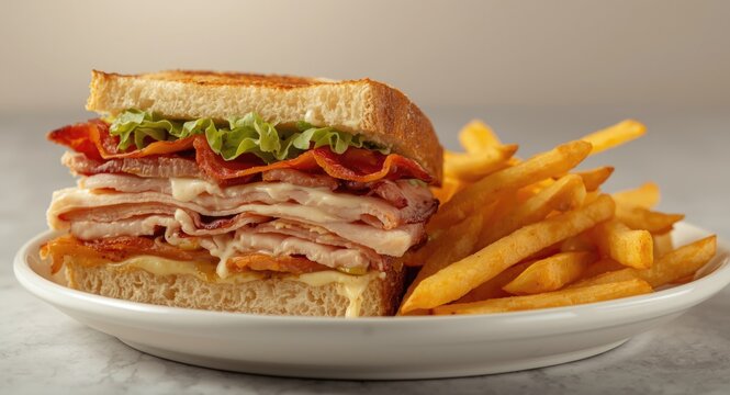 Delicious Snack Combo of Club Sandwich and Crunchy French Fries on Plate