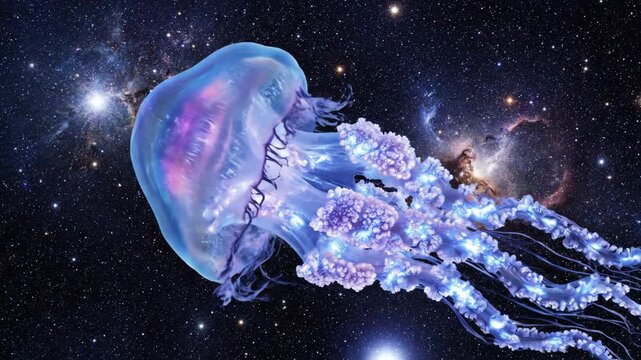 A large, translucent bioluminescent jellyfish with glowing blue and purple tentacles drifts through a vibrant cosmic nebula filled with stars and distant galaxies.