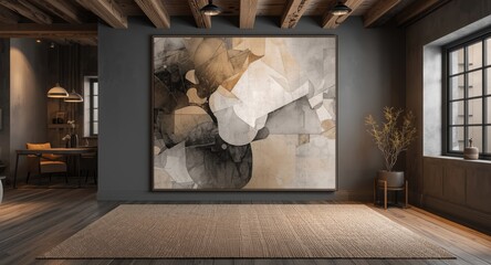 Abstract neutral wall decor print in modern rustic room setting