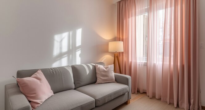 Bright living room interior with cushioned grey couch, lamp lighting, and delicate pink window curtains