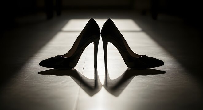 High heels standing on a floor illuminated by sunlight coming through a window casting a shadow