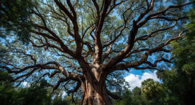 Immense Samanea saman tree with wide canopy and thick branches