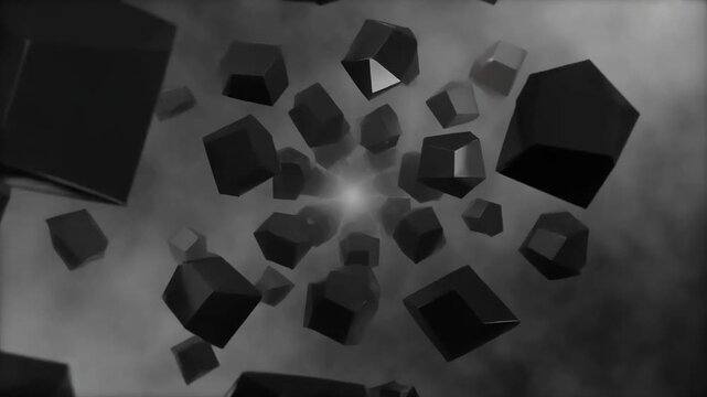 Abstract loop floating black facets rotating spiral motion ambient fog soft reflections futuristic cinematic surreal ethereal ambience cascading softly glowing abstract unique style