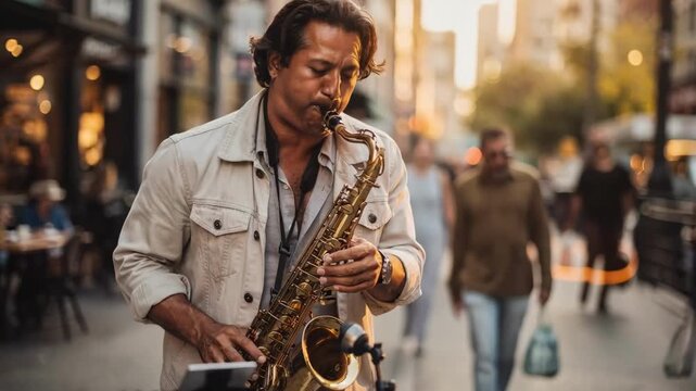 Closeup medium shot of a charismatic saxophonist busking on a bustling pedestrian street passersby watching with interest.