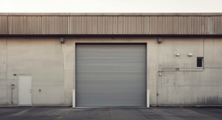industrial building exterior with metal grate roll up door at service garage
