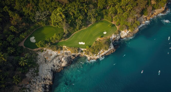 Aerial perspective of a refined golf course built on a rocky cliff surrounded by lush foliage with swimmers and surfers in azure water