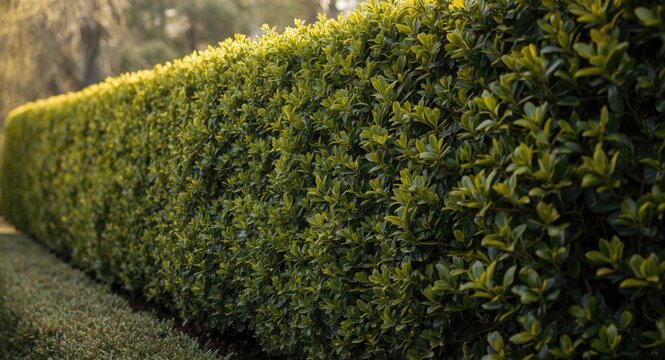 Golden privet hedge trimmed for garden privacy