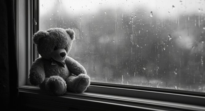 Forlorn teddy bear by rain streaked window symbolizing missing children and quiet sorrow in grayscale