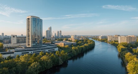 Fototapeta premium Birds eye imagery of a high rise alongside a river with residential buildings