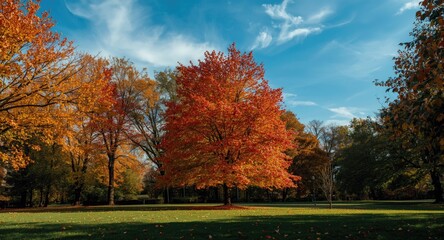 Autumn park with colorful trees and a clear blue sky