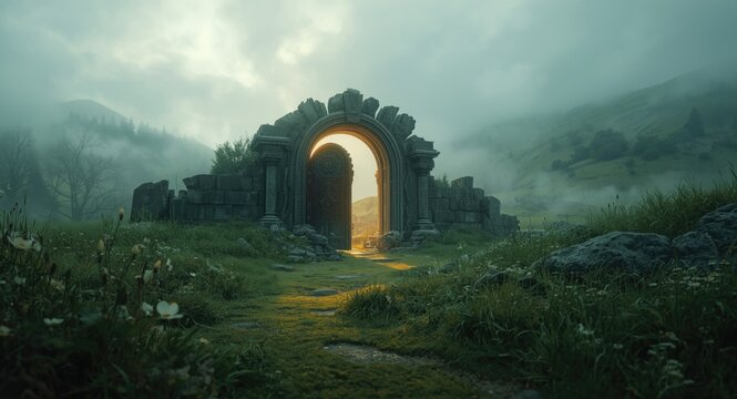 A magical shattered entrance set in misty rolling hillscape