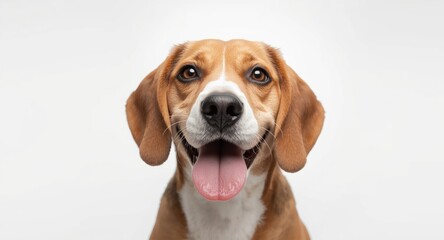 Contented beagle dog tongue out facing camera against smooth white studio background