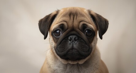 Downcast pug puppy with soulful eyes on a neutral white backdrop