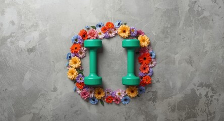 Naklejka premium Healthy lifestyle concept flat lay with green dumbbells and assorted bright flowers on a neutral gray concrete textured backdrop