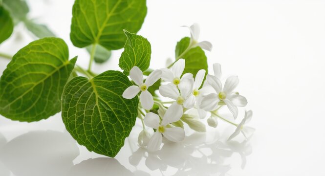 Fresh green leaves and delicate white flowers of Bacopa monnieri displayed on an unblemished white backdrop
