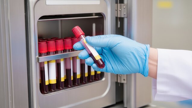 Gloved hand removing blood sample tube from metal storage unit. Tubes with red caps arranged in rows, labeled for identification, highlighting lab handling and precision