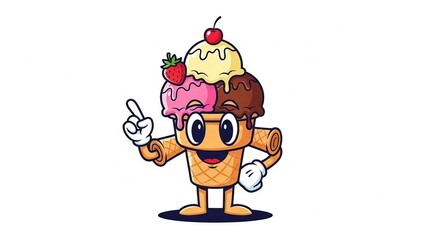 A cartoon ice cream cone character with a cheerful expression standing on a dark blue shadow