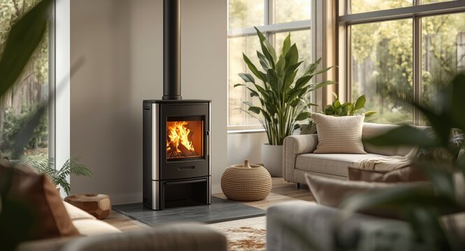 Bright living area incorporating a sustainable pellet stove for heating