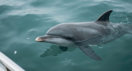Fototapeta premium A curious dolphin gliding beside the vesselâ€™s forefront in tranquil ocean surroundings with copy space