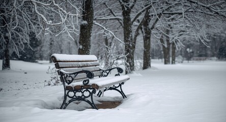 Icy park bench with snow-clad trees in a serene winter scene
