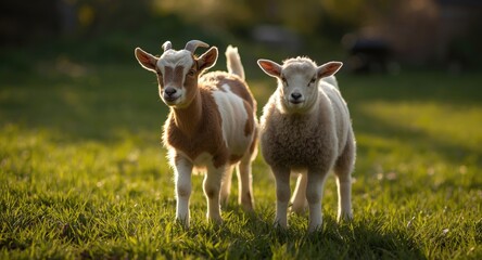 Fototapeta premium Energetic pet goat kid beside lamb on verdant green grass lawn full length summer afternoon