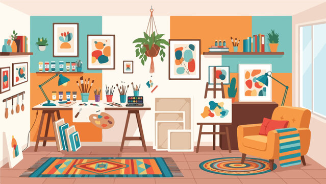 Cozy art studio interior, featuring paintings, easels, supplies, and comfy furniture