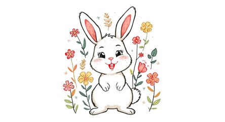Obraz premium Happy rabbit with hand drawn flower motifs for children's playful t-shirt
