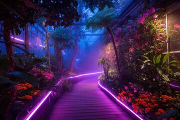 A glowing neon-lit path winds through an ethereal greenhouse with vibrant flowers and lush foliage