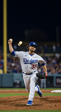 Dodgers Pitcher Throws Baseball During Game.
