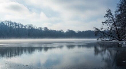 Misty winter morning over calm lake with snow-covered trees and reflections