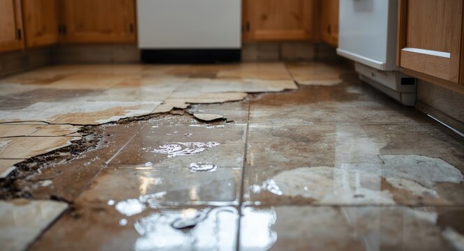 Kitchen floor affected by persistent water leakage from deteriorated pipes