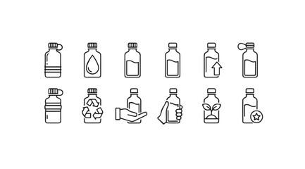 Bottle Icon Set: Recycling, Water Drop, Growth, Hand Holding, Outline Icons