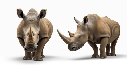 Fototapeta premium Clean white backdrop displaying two rhinoceroses with front facing and side profile perspectives