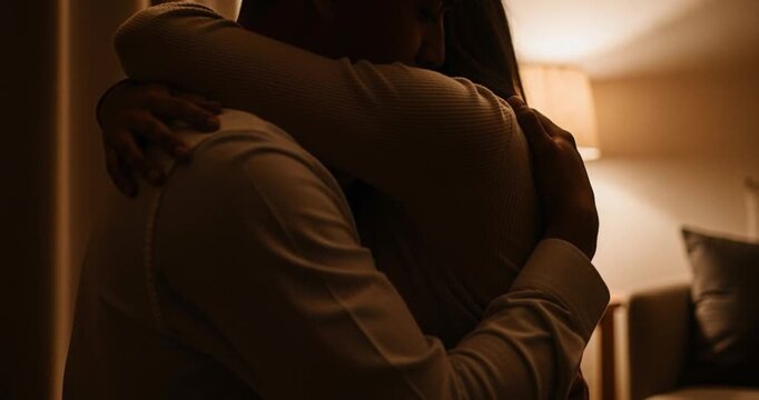 People embracing indoors warm lighting silhouette