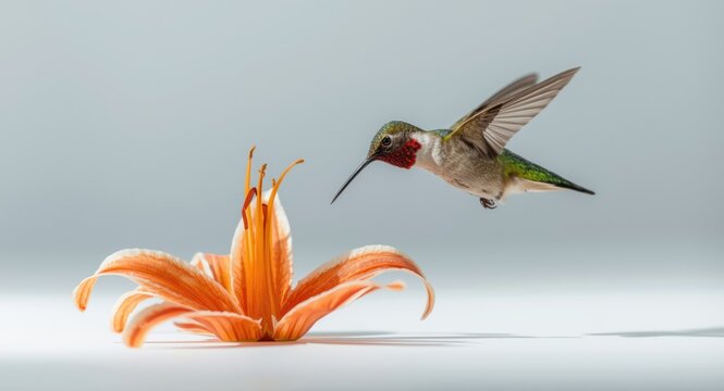 Juvenile ruby throated hummingbird hovering over colorful orange lily on white studio surface