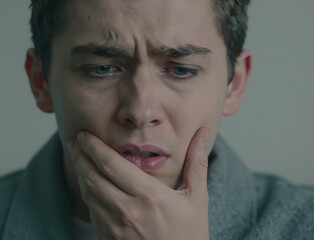 Obraz premium A young man of European descent holds his hand against his jaw, his expression conveying deep sadness, worry, and emotional distress.