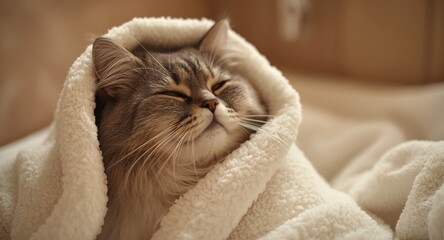 Contented indoor cat enveloped in a plush white towel enjoying a serene and relaxing spa moment