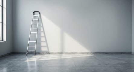 Obraz premium Bright empty room featuring an aluminum ladder leaned on a soft gray wall for elevated jobs