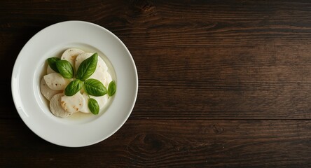 Birds eye view of white plate featuring fresh mozzarella and basil on dark rustic wooden surface including copy space